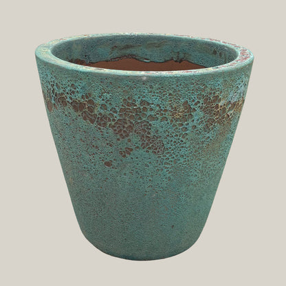 Marble green coral tapered planter with soft turquoise finish and coral-textured rim detail, slightly angled view showing tall tapered form