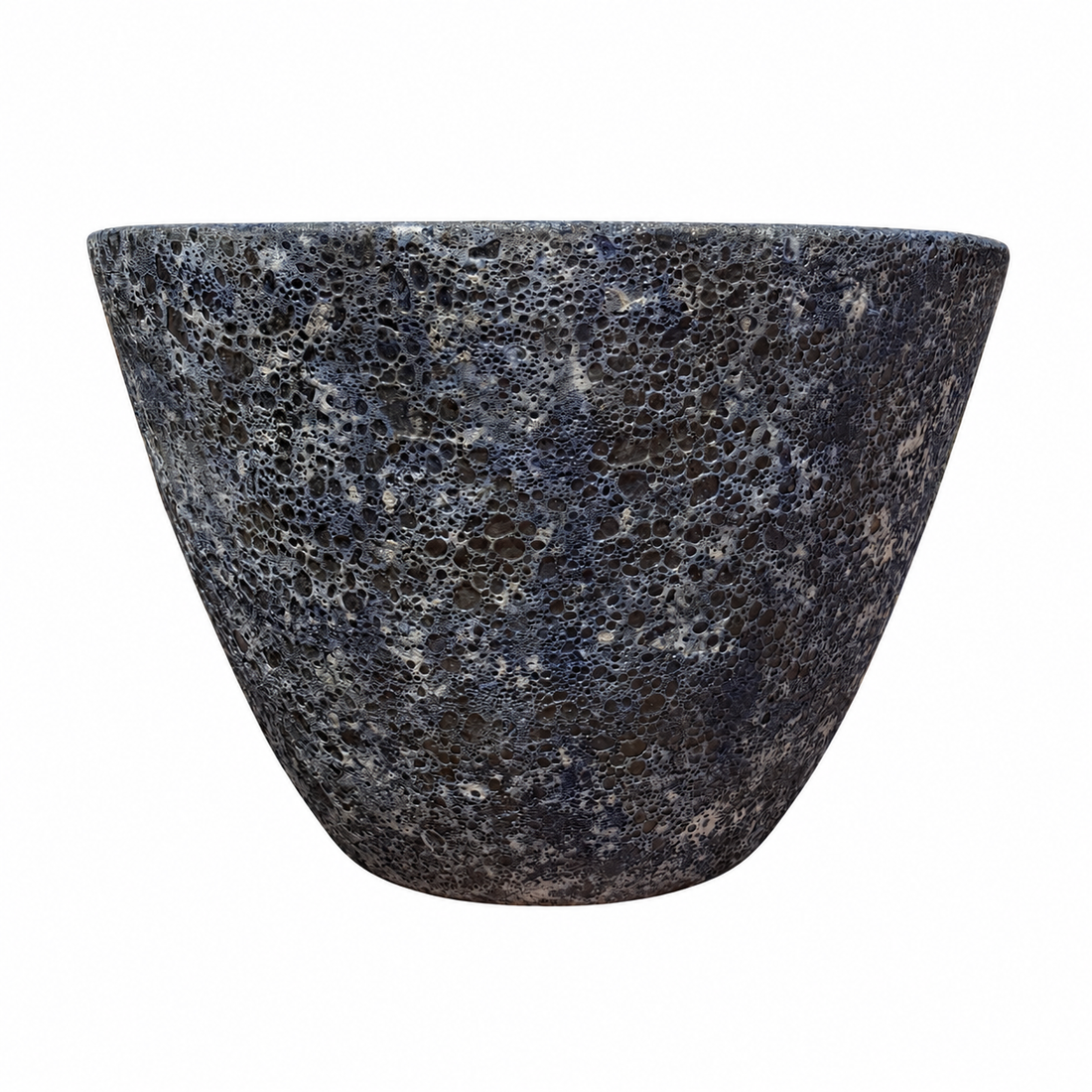 A wide, shallow conical planter with a mottled pattern of dark slate blue and light gray, shown against a plain white background.