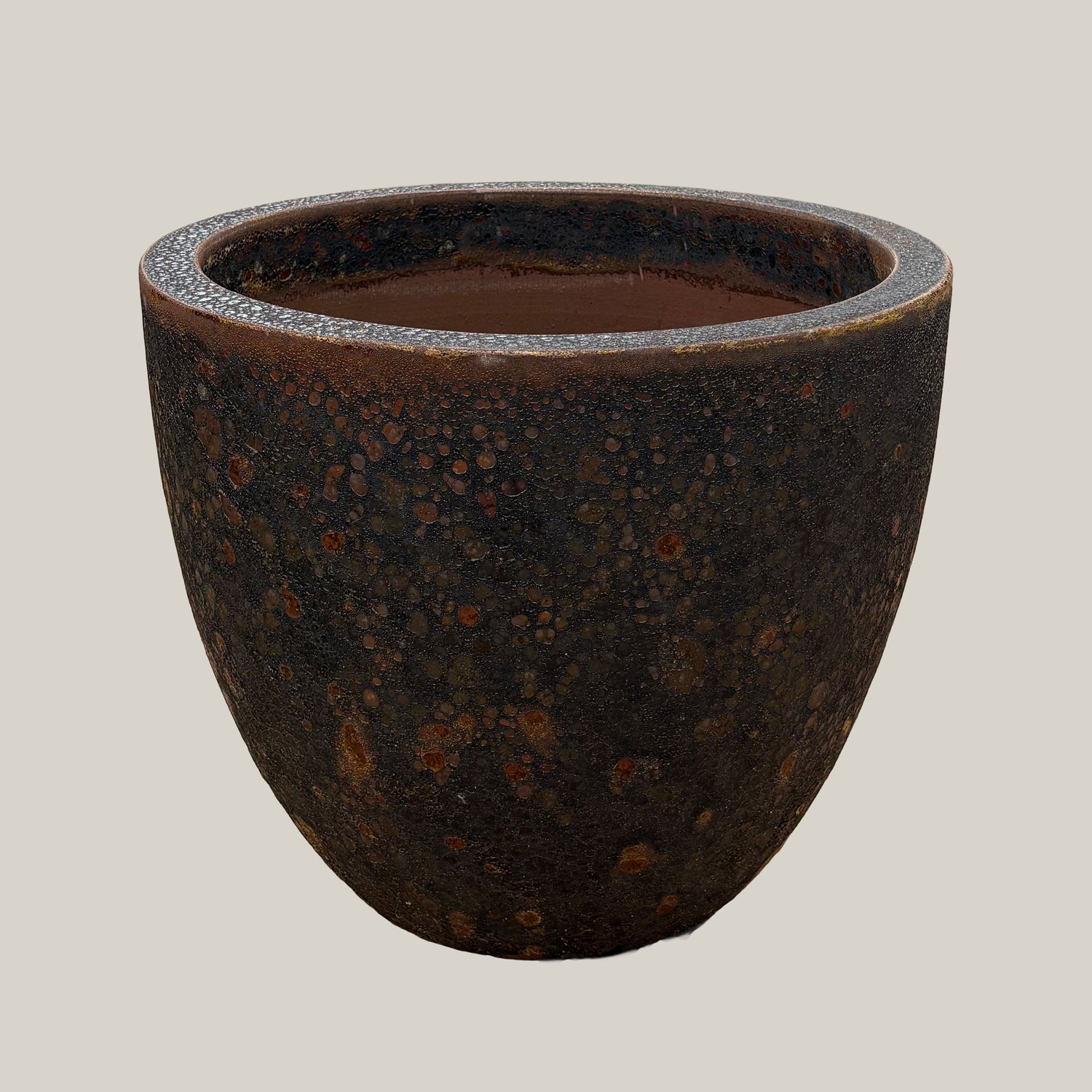 Black coral lion egg planter with rounded egg-shaped form and textured dark coral finish, slightly angled view highlighting earthy tones