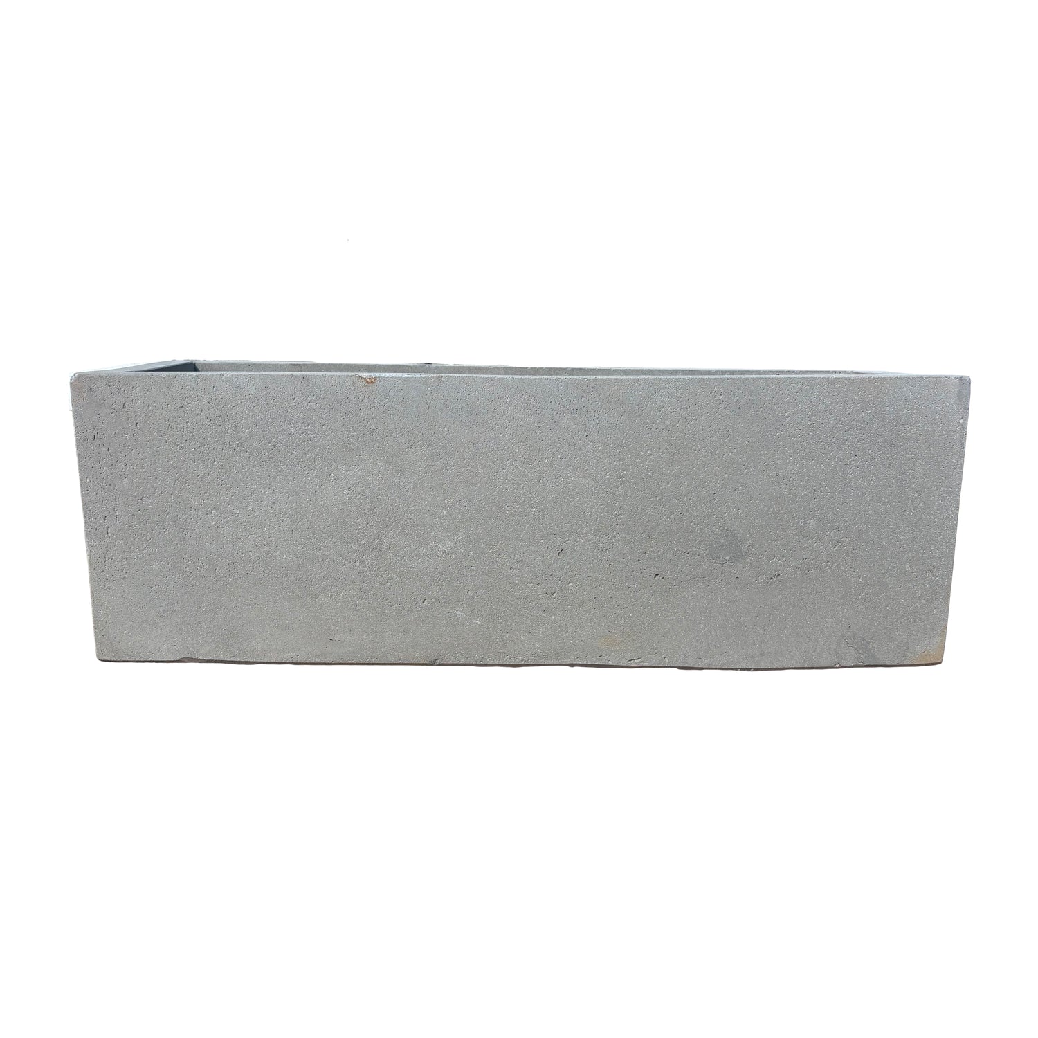 Side profile of low grey rectangular fiberstone planter, showing its slim height and elongated rectangular structure.