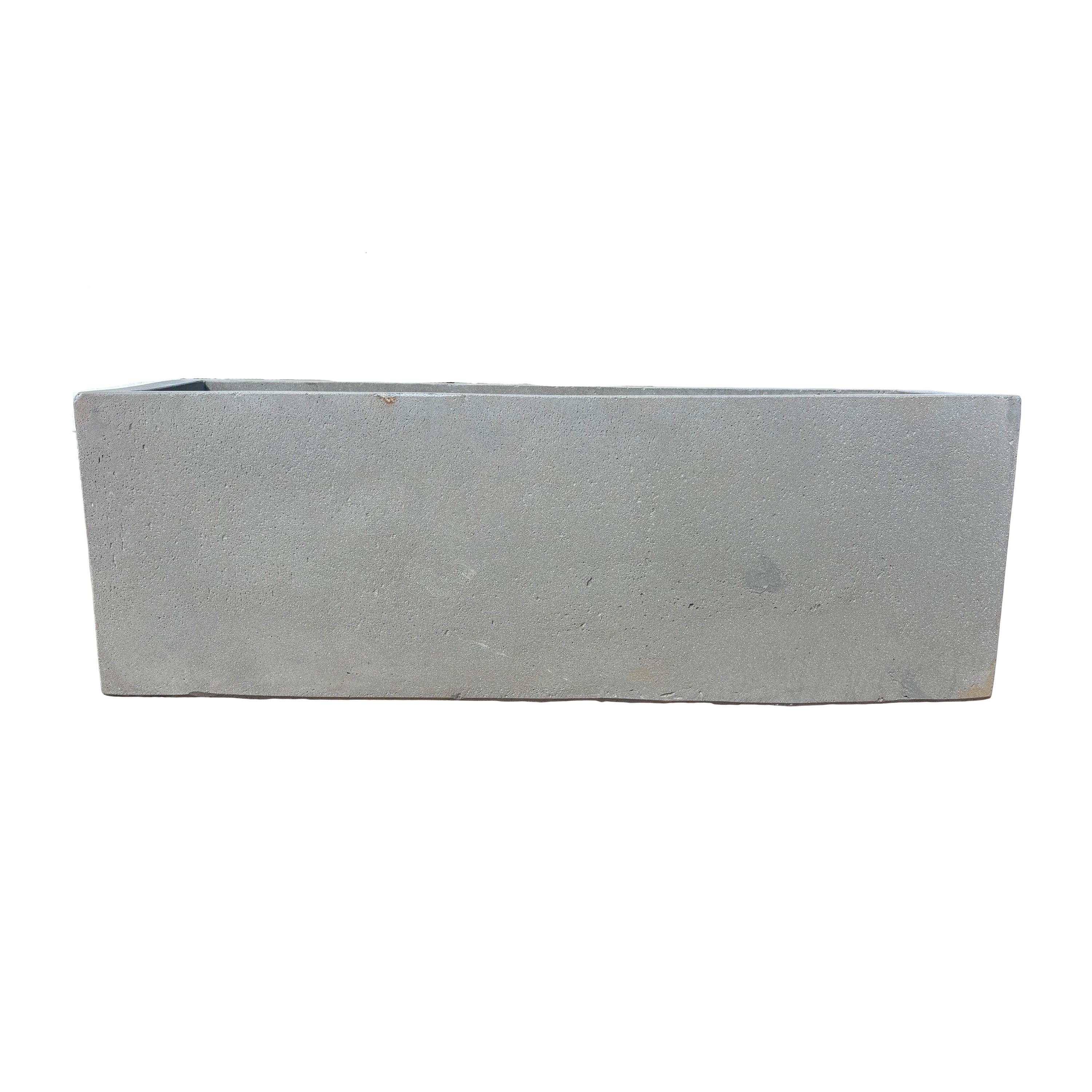 Side profile of low grey rectangular fiberstone planter, showing its slim height and elongated rectangular structure.