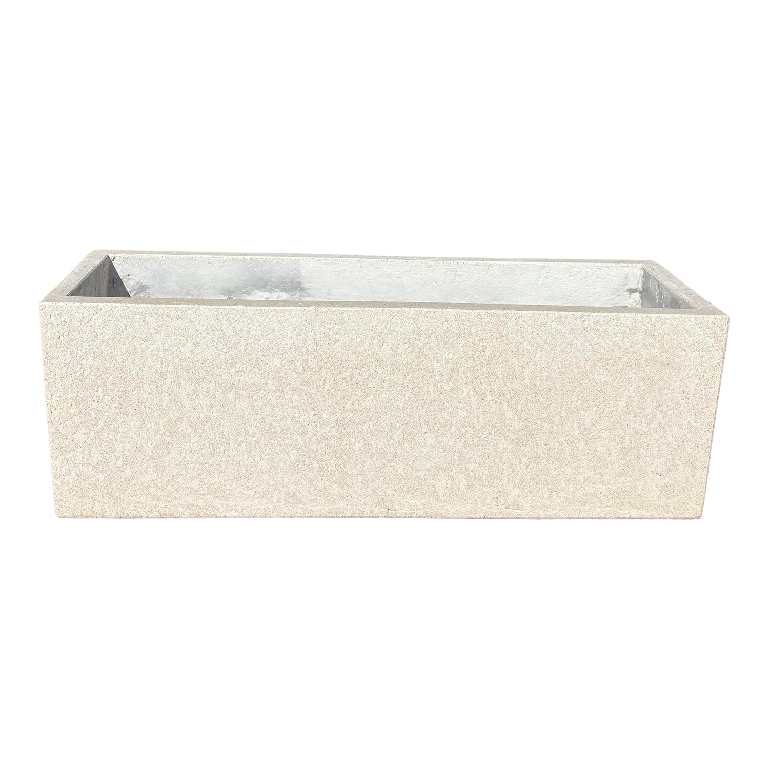 10" &amp; 14" low white rectangular fiberstone planter shown from the front with a slight top angle, highlighting its low-profile rectangular form and stone-look finish.