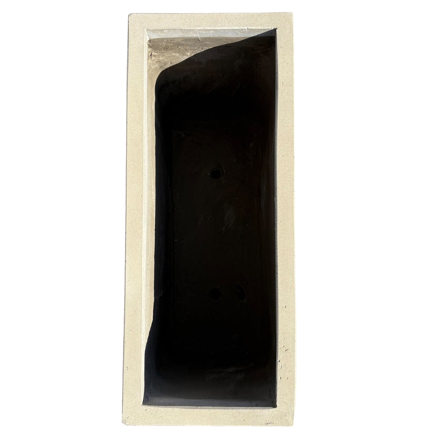 Top-down view of a 24-inch tall grey rectangular fiberstone planter, showcasing its rectangular opening and smooth stone-look rim.