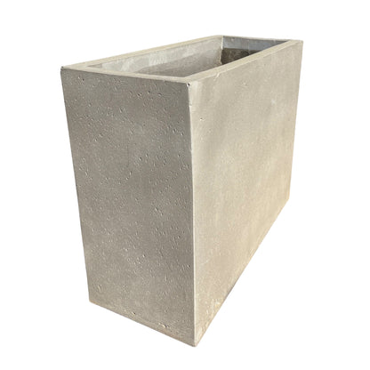 30-inch tall grey rectangular fiberstone planter with a modern stone-look finish, shown at an angle highlighting its clean lines and depth.