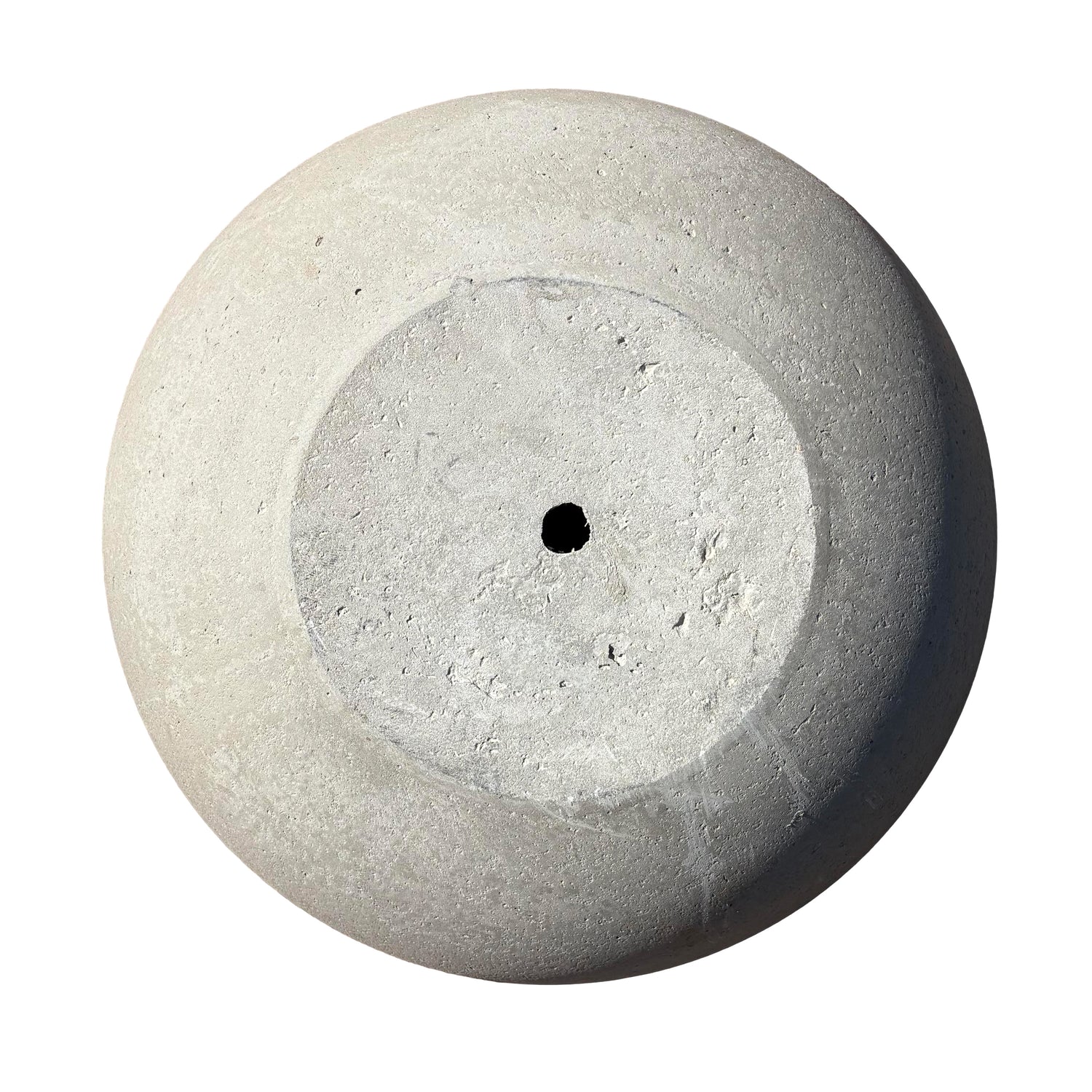 Bottom view of grey low bowl fiberstone planter, showing its solid base structure and durable construction details.