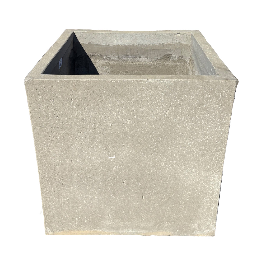 Grey cube fiberstone planter shown from the front with a slight top angle, highlighting its clean cube shape and modern stone-look finish.
