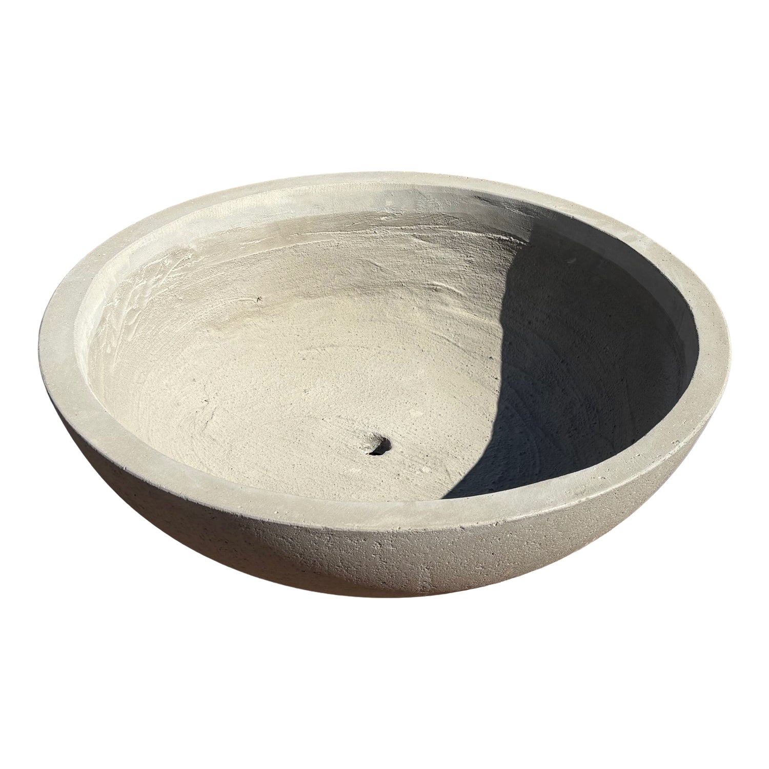 Grey low bowl fiberstone planter shown from an angled top perspective, highlighting its wide bowl shape and smooth stone-look finish.
