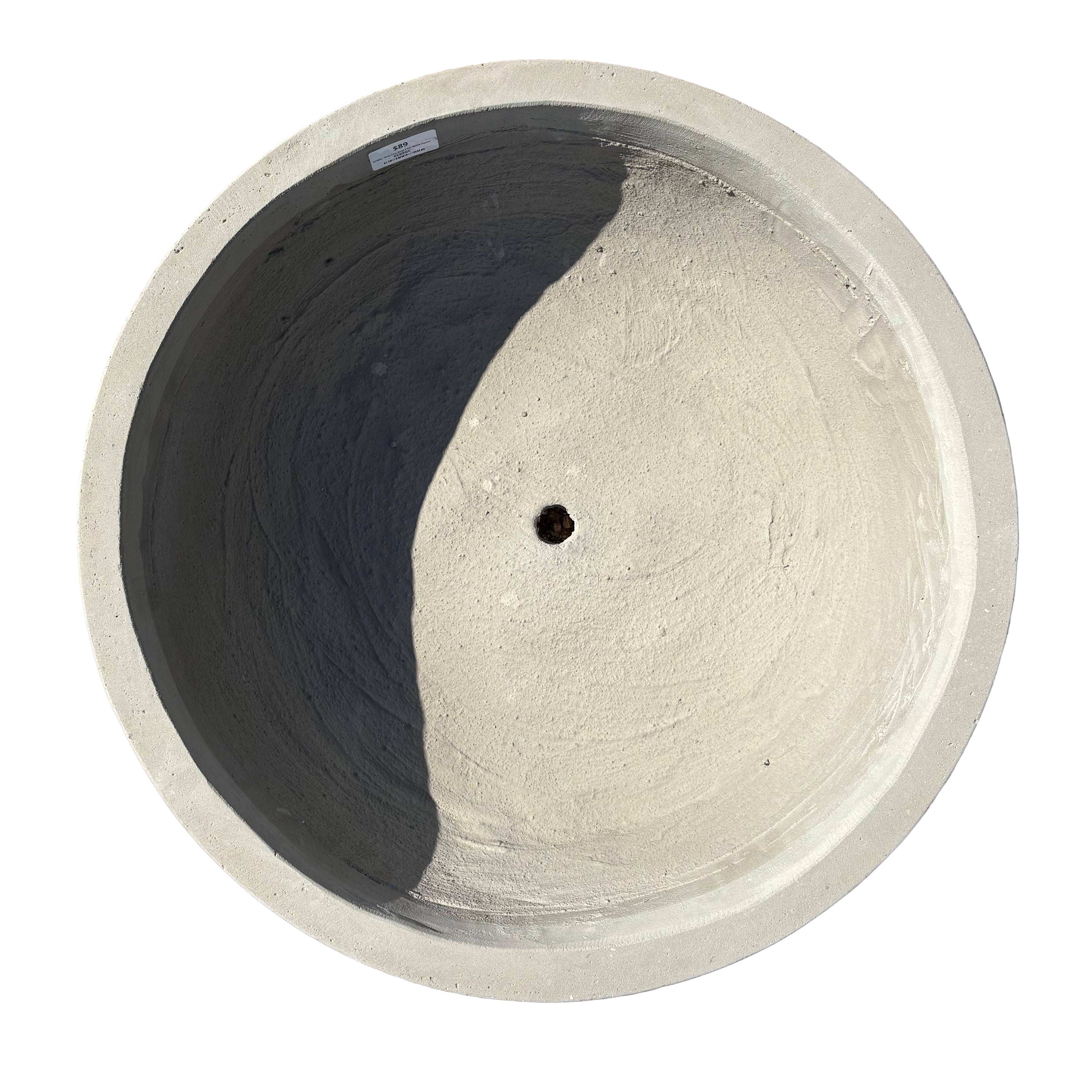 Top-down view of grey low bowl fiberstone planter, highlighting its wide circular opening and shallow depth ideal for layered plant styling.