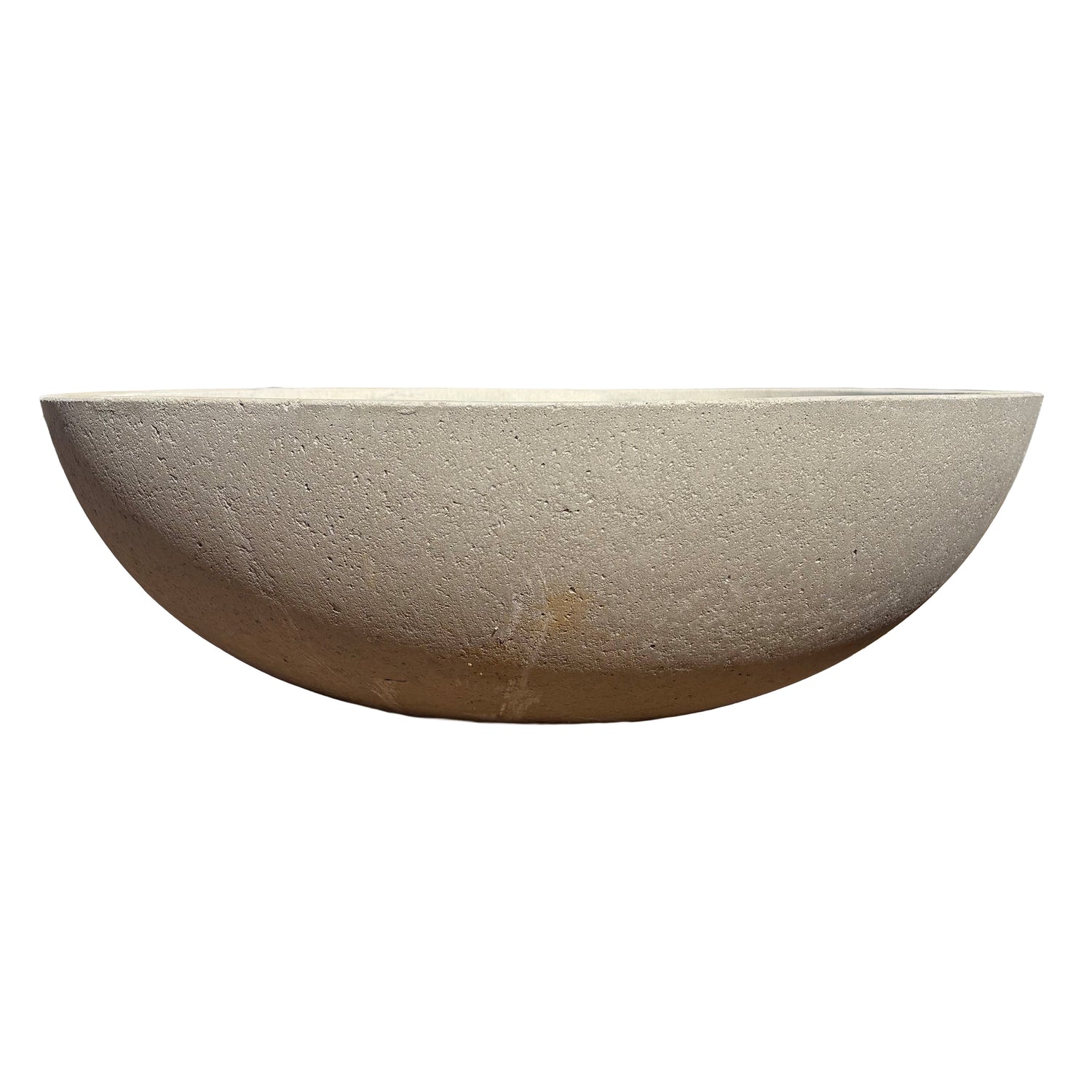 Front-facing view of grey low bowl fiberstone planter, showcasing its balanced low-profile design and clean, modern finish.