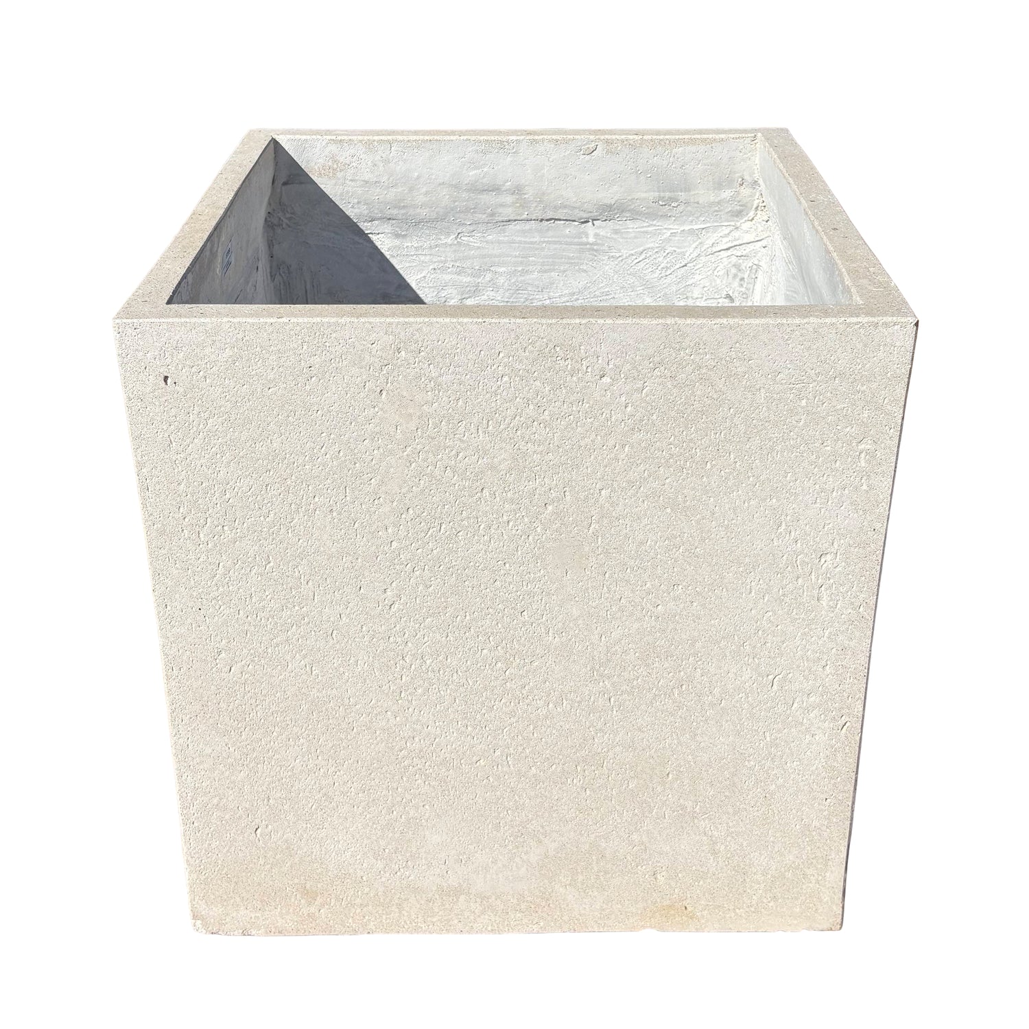 Grey cube fiberstone planter shown from the front with a slight top angle, highlighting its clean cube shape and modern stone-look finish.