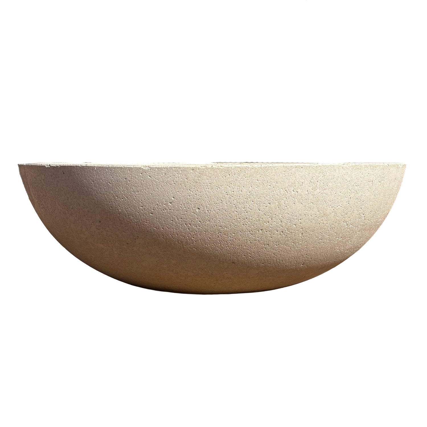 Front-facing view of white low bowl fiberstone planter, showcasing its balanced low-profile design and clean, modern finish.