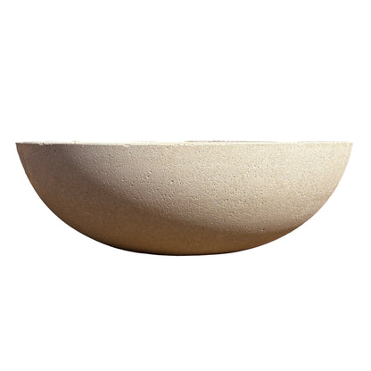 Front-facing view of white low bowl fiberstone planter, showcasing its balanced low-profile design and clean, modern finish.