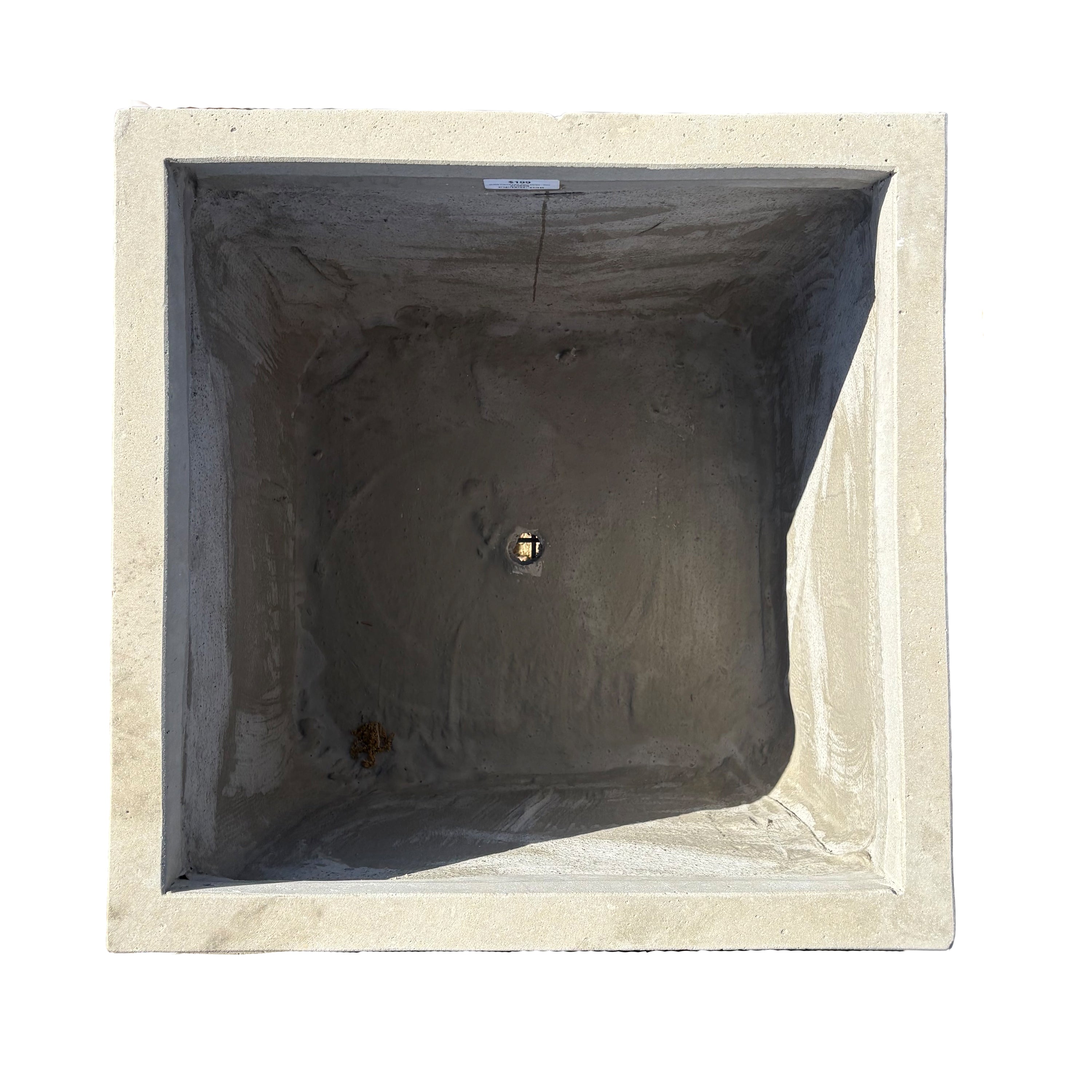Top-down view of grey cube fiberstone planter, emphasizing its square opening and symmetrical proportions.