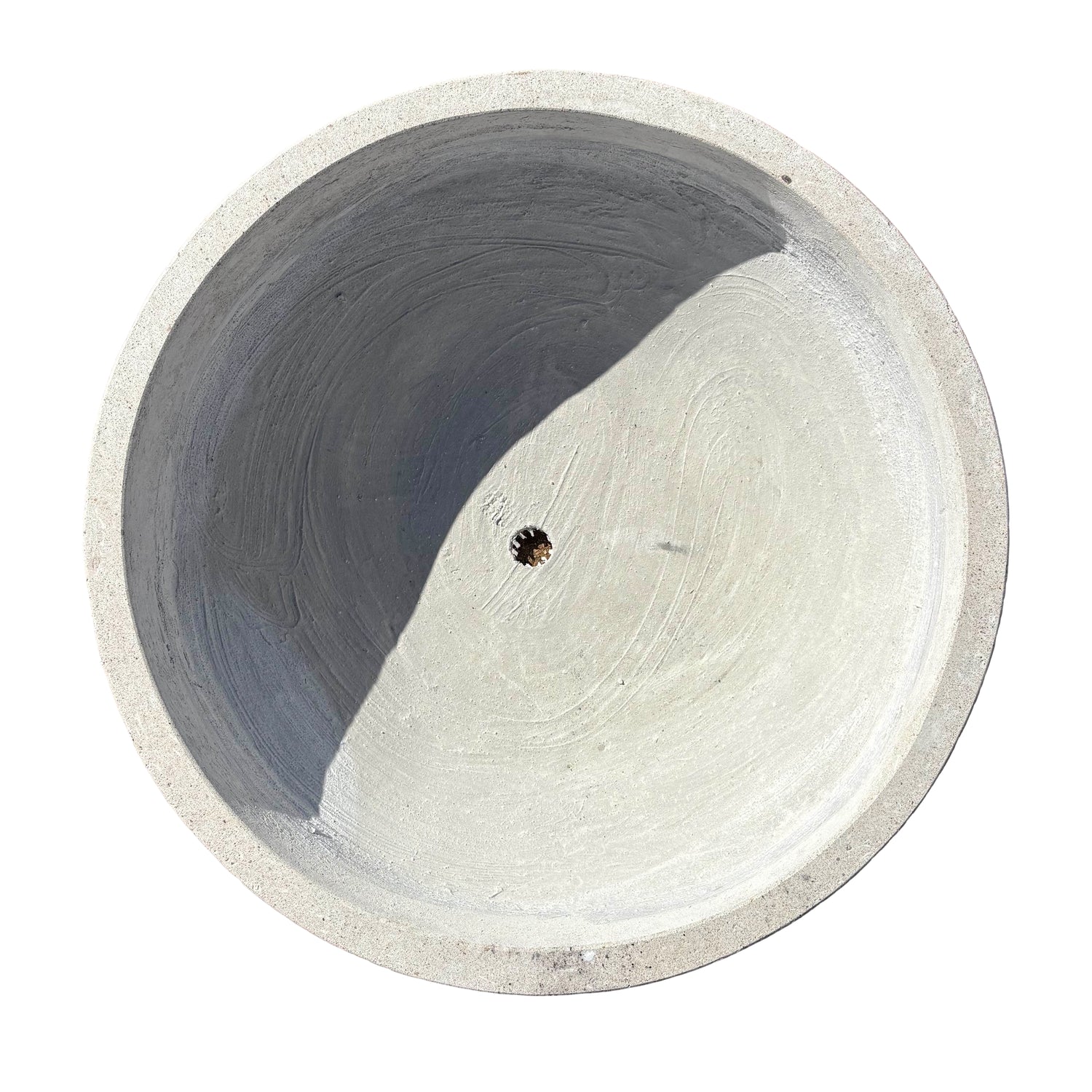Top-down view of shite low bowl fiberstone planter, highlighting its wide circular opening and shallow depth ideal for layered plant styling.
