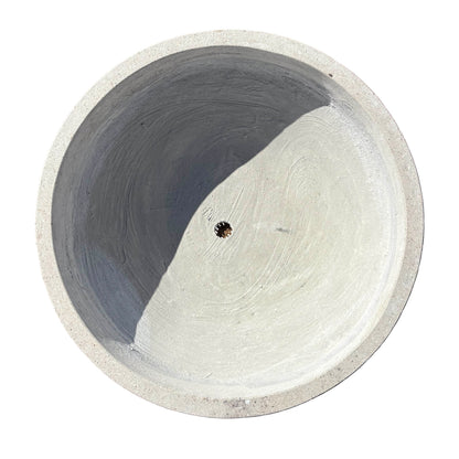 Top-down view of shite low bowl fiberstone planter, highlighting its wide circular opening and shallow depth ideal for layered plant styling.