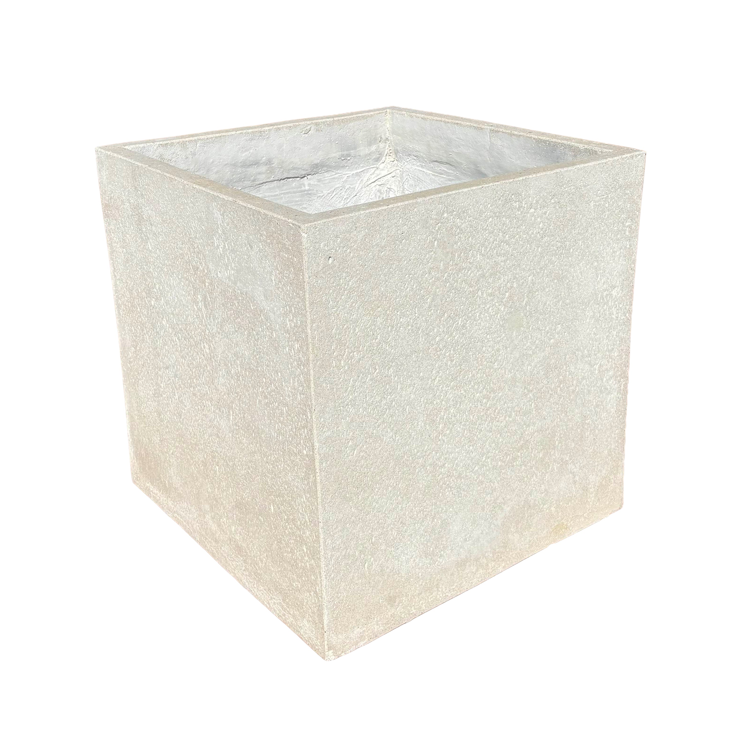 Grey cube fiberstone planter viewed from an angled corner, showing two sides of its balanced cube form and subtle stone texture.