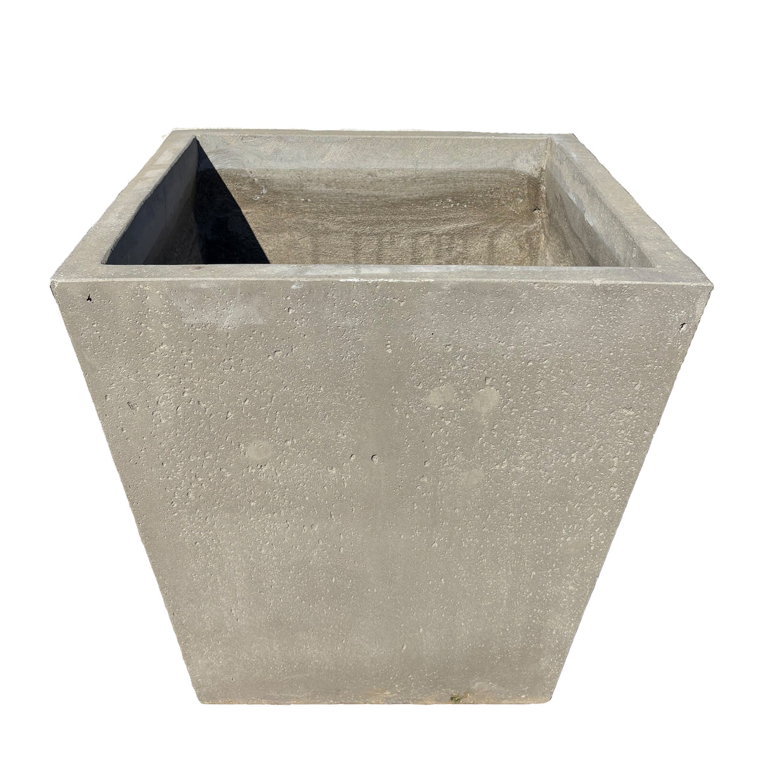 Grey tapered square fiberstone planter shown from the front with a slight top angle, highlighting its tapered form and clean stone-look finish.