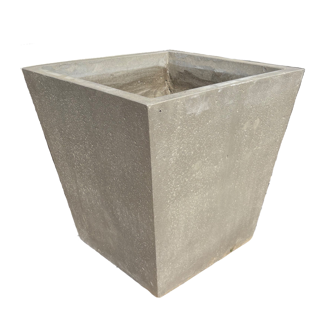 Grey tapered square fiberstone planter viewed from a corner angle, showing two sides and its gradual inward taper toward the base.