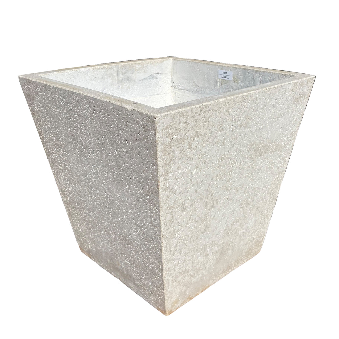 White tapered square fiberstone planter viewed from a corner angle, showing two sides and its gradual inward taper toward the base.