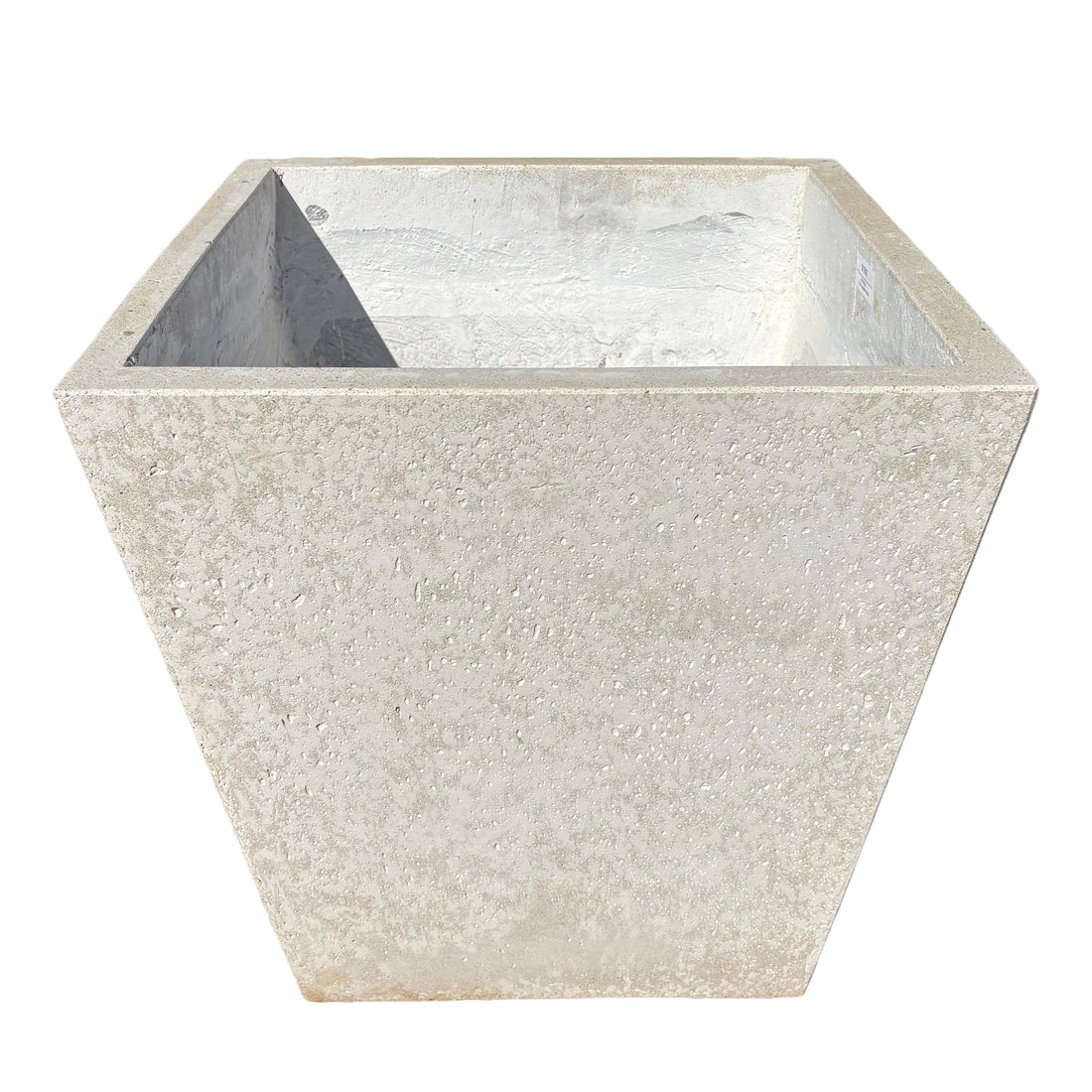 White tapered square fiberstone planter shown from the front with a slight top angle, highlighting its tapered form and clean stone-look finish.