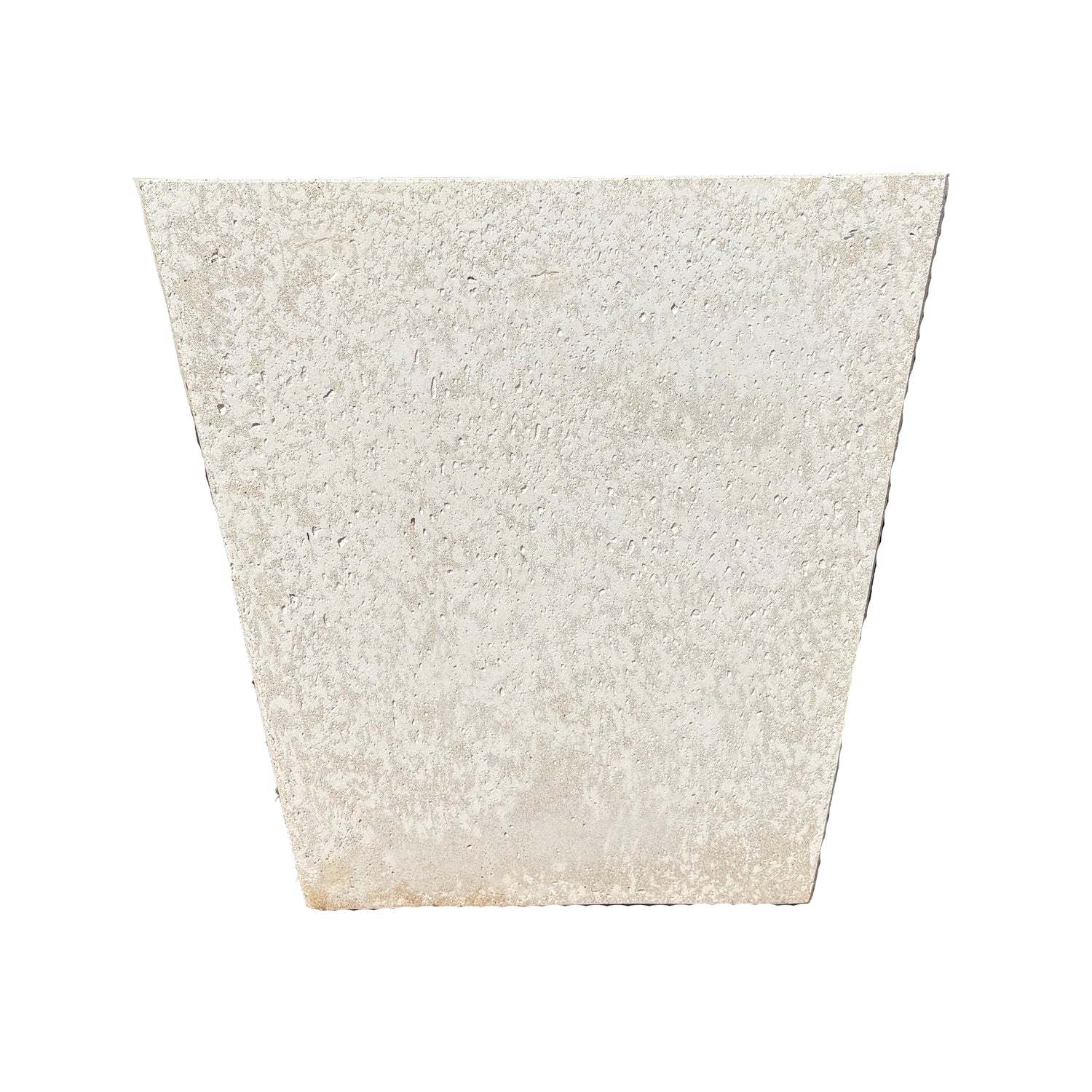 Front-facing view of white tapered square fiberstone planter, showcasing its structured shape and smooth, modern surface.