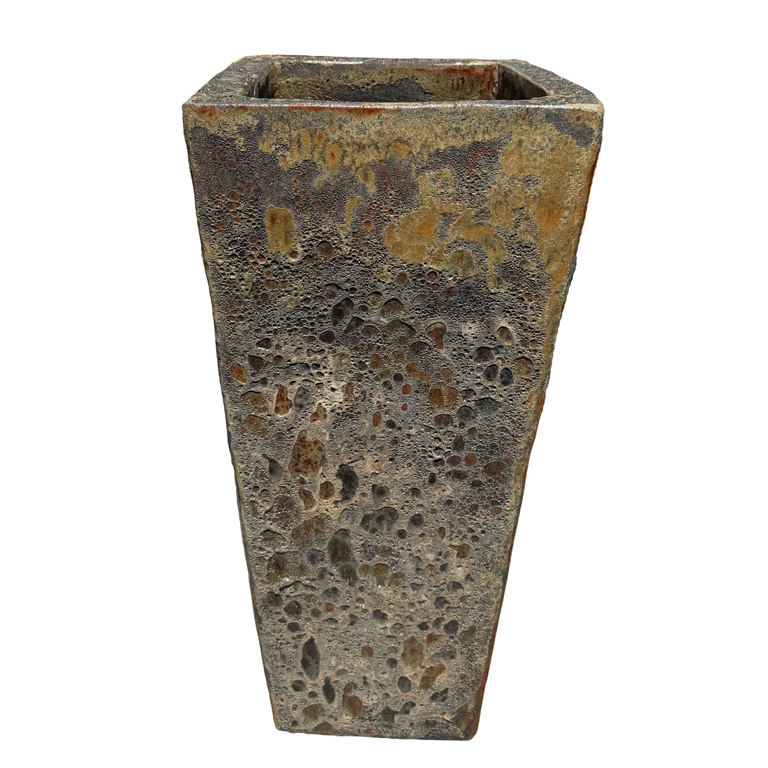 Slight angled view of Rainforest Sun Dragon wedge planter with lava-glazed finish and sculptural wedge profile