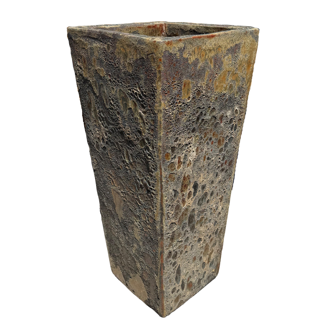 Slight angled view of Rainforest Sun Dragon wedge planter with lava-glazed finish and sculptural wedge profile