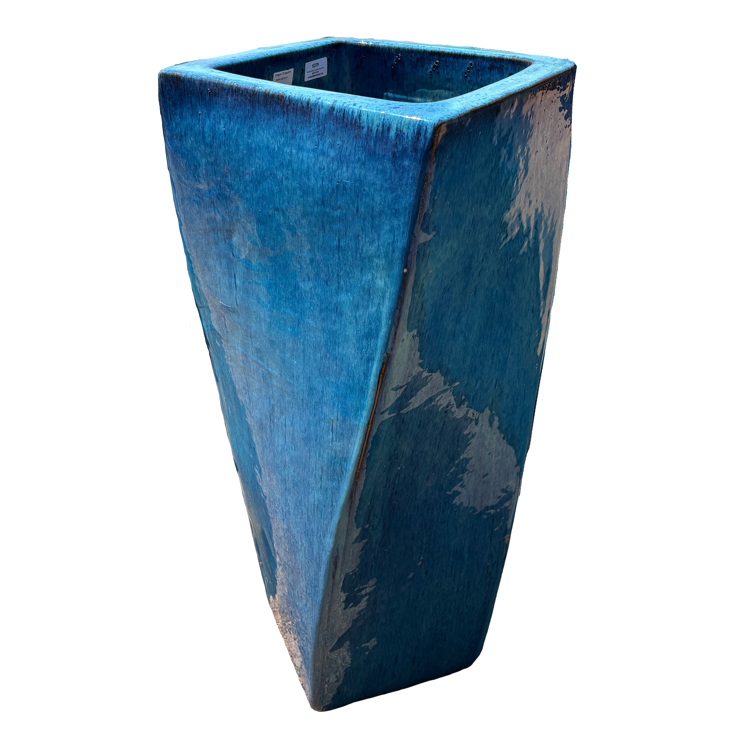 Marble Green ceramic bent pot, slightly angled view with tall flowing swirl shape and handcrafted glazed finish