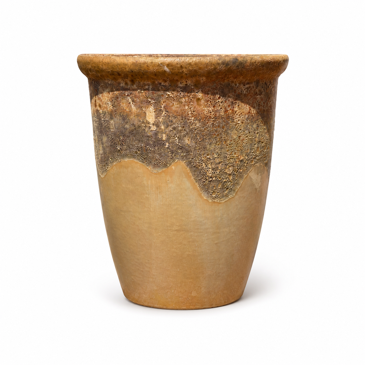 Angkor/Cream Cana ceramic pot, slightly angled view with round tapered shape and handcrafted glazed finish