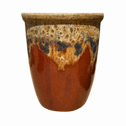 Front view of Angkor/Copper Cana ceramic pot with round tapered profile and handcrafted glaze