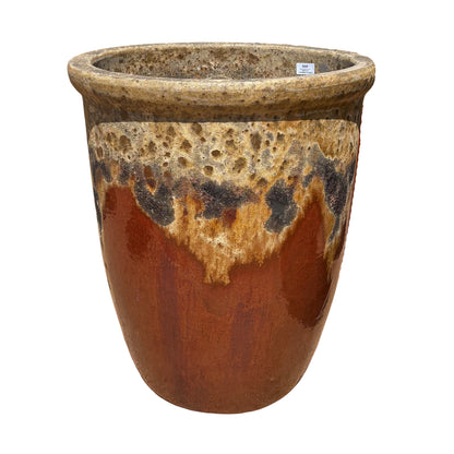 Angkor/Copper Cana ceramic pot, slightly angled view with round tapered shape and handcrafted glazed finish