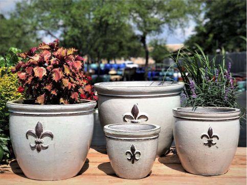 used ceramic flower pots for sale Antique Blue Fleur de Lis Double Rim Ceramic Planter