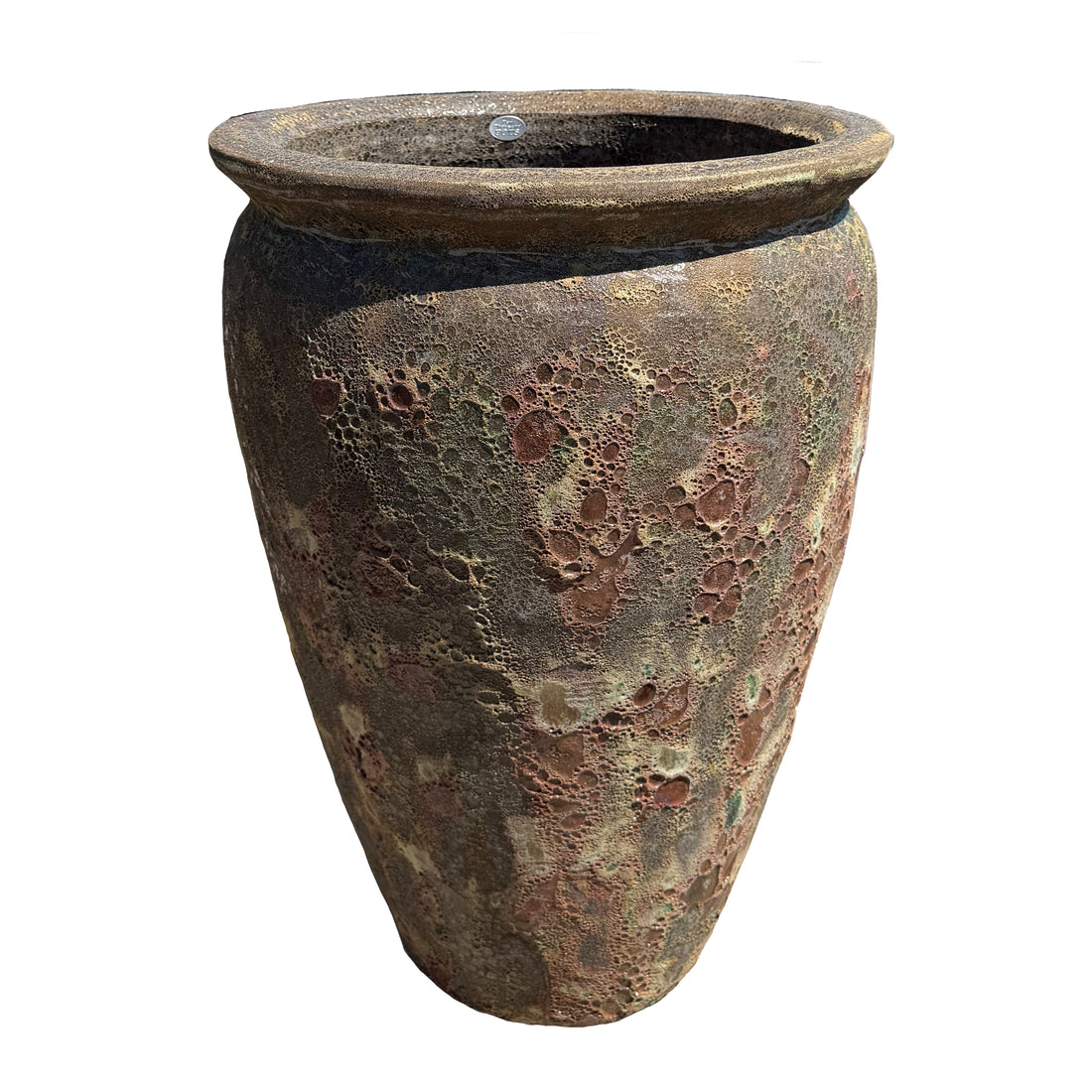 Slightly angled view of Rainforest Spring tall round tapered ceramic planter with lava-glazed finish and tapered silhouette