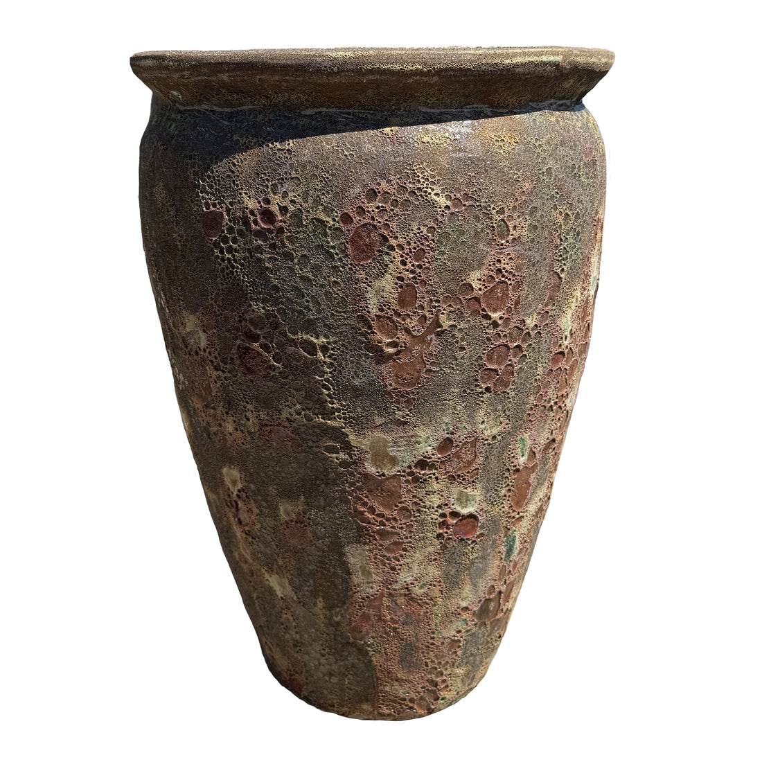 Front view of Rainforest Spring tall round tapered ceramic planter showcasing the lava-glazed surface and elegant tapered profile