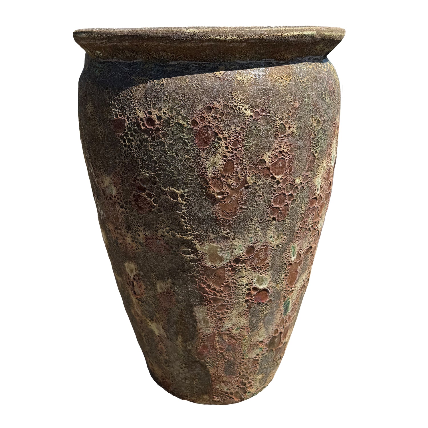Front view of Rainforest Spring tall round tapered ceramic planter showcasing the lava-glazed surface and elegant tapered profile