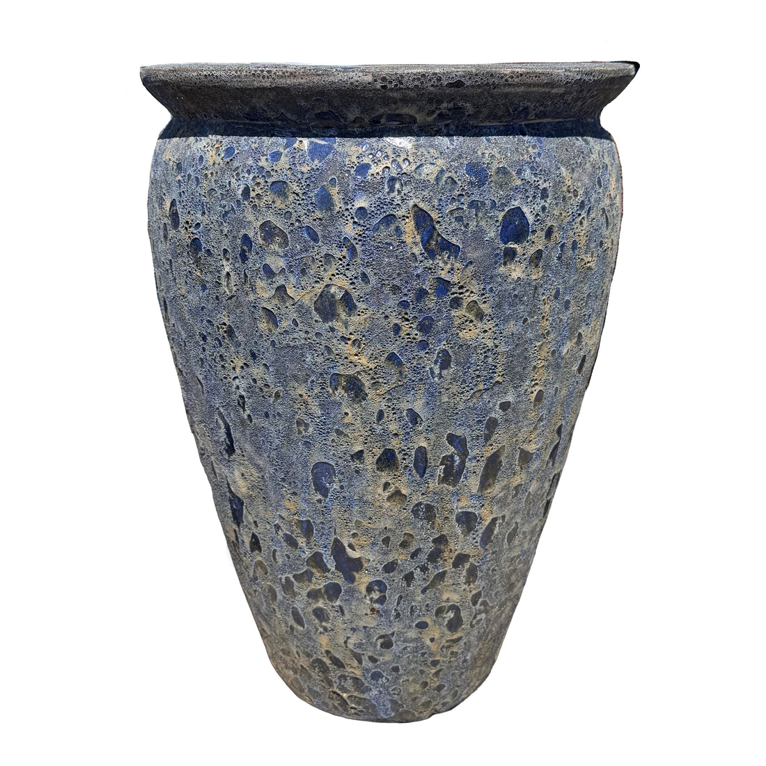 Front view of Rainforest Sea tall round tapered ceramic planter showcasing the lava-glazed surface and elegant tapered profile