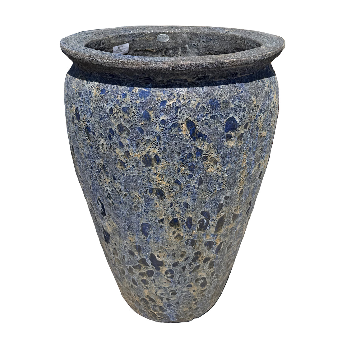 Slightly angled view of Rainforest Sea tall round tapered ceramic planter with lava-glazed finish and tapered silhouette
