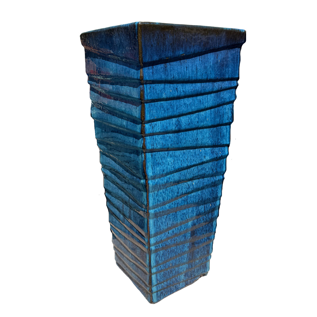Side-by-side view of Marble Green ribbed tall square planters showcasing the vertical ribbed texture and handcrafted glazed finish