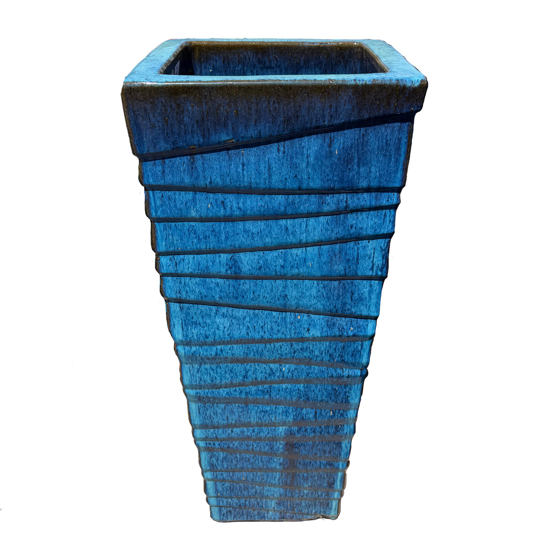 Slightly angled view of Marble Green ribbed tall square planter with vertical ribbing and rich glazed surface