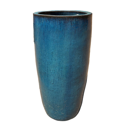 Marble Green round column ceramic planter, slightly angled view with tall cylindrical shape and handcrafted glazed finish