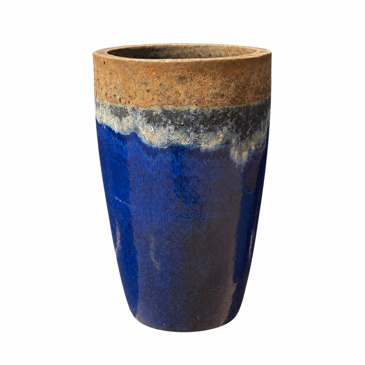 Angkor/Blue round column ceramic planter, slightly angled view featuring a tall cylindrical shape and vibrant handcrafted glazed finish