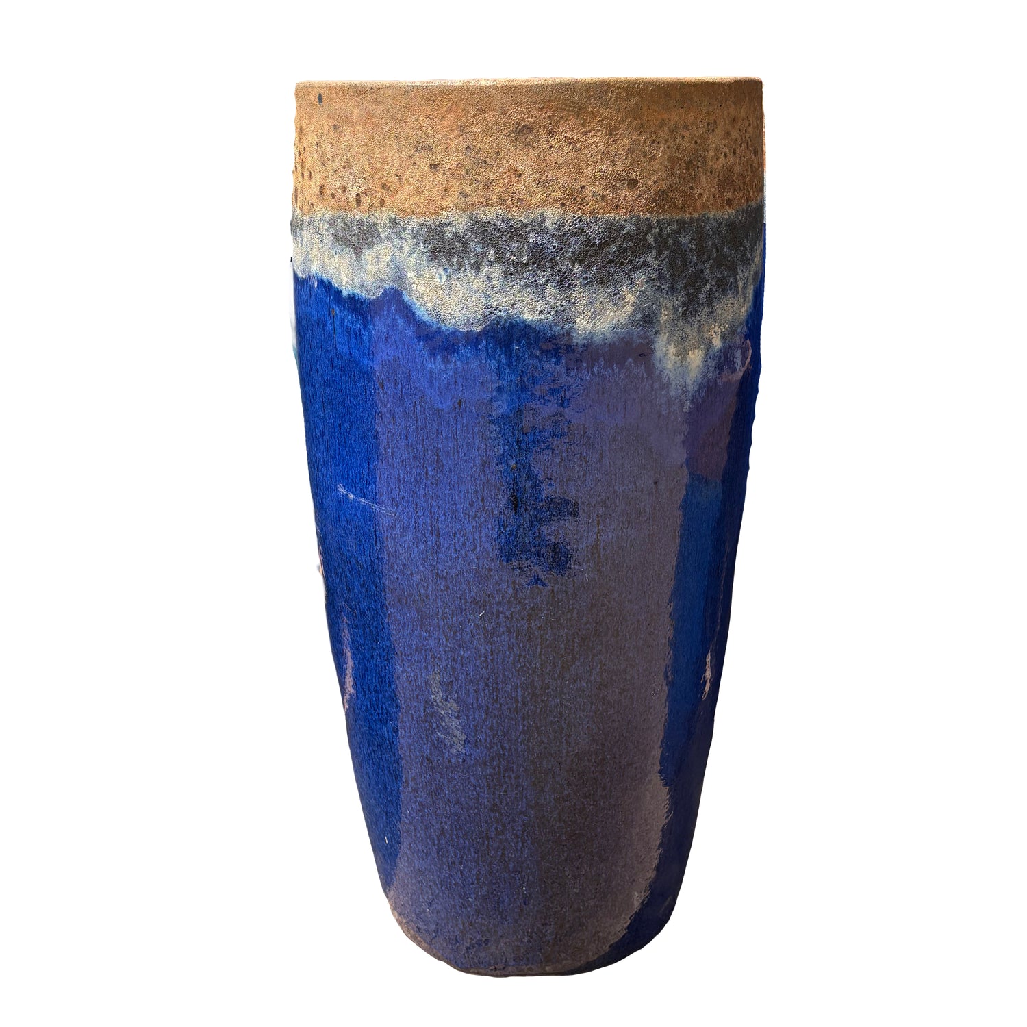 Front view of Angkor/Blue round column ceramic planter with a tall round column profile and rich handcrafted glaze