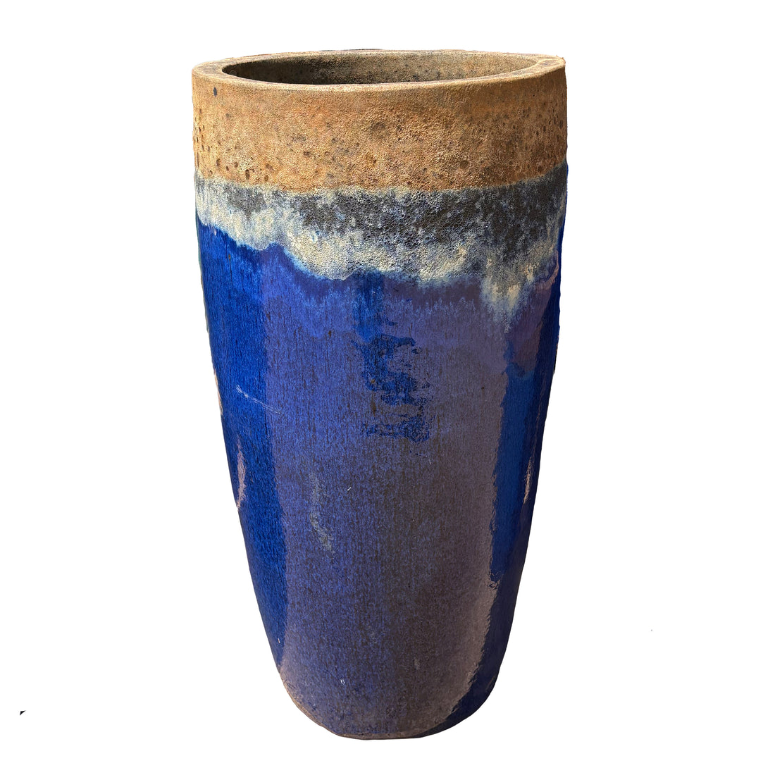 Angkor/Blue round column ceramic planter, slightly angled view featuring a tall cylindrical shape and vibrant handcrafted glazed finish