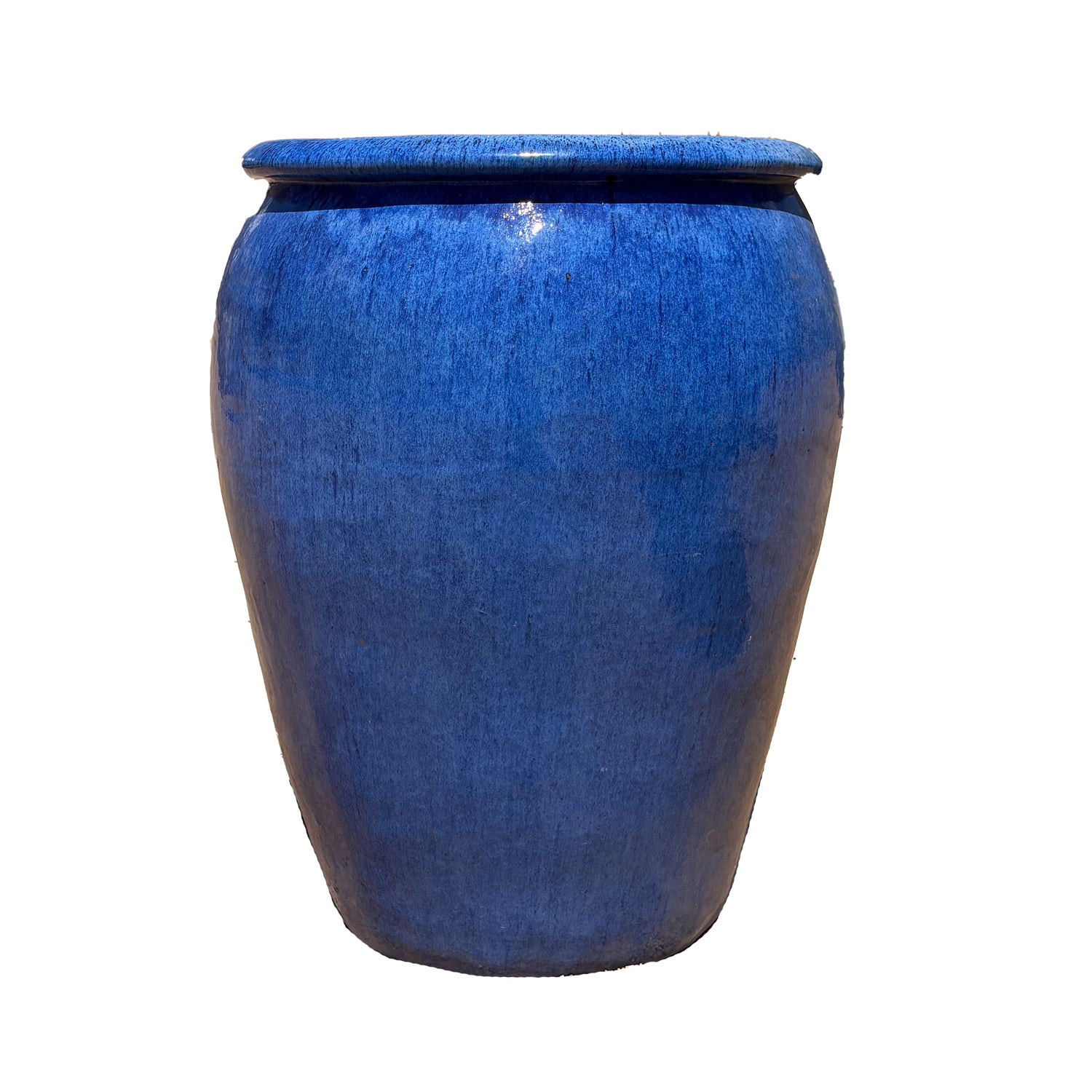 Front view of large round blue ceramic jar planter with rounded profile and rich blue glazed finish