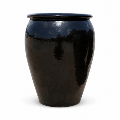 Front view of large round glossy black ceramic jar planter with rounded profile and glossy black glazed finish