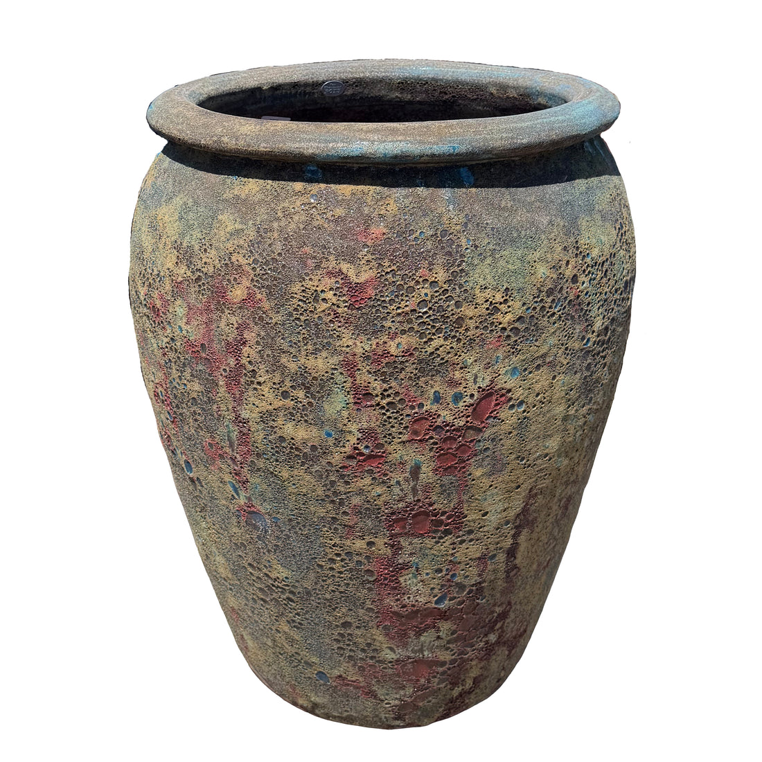 Large Round Rainforest Spring ceramic jar planter, slightly angled view showing rounded silhouette and lava-inspired glazed finish
