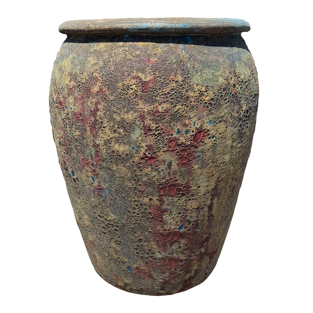 Front view of Large Round Rainforest Spring ceramic jar planter with rounded profile and lava-inspired glaze