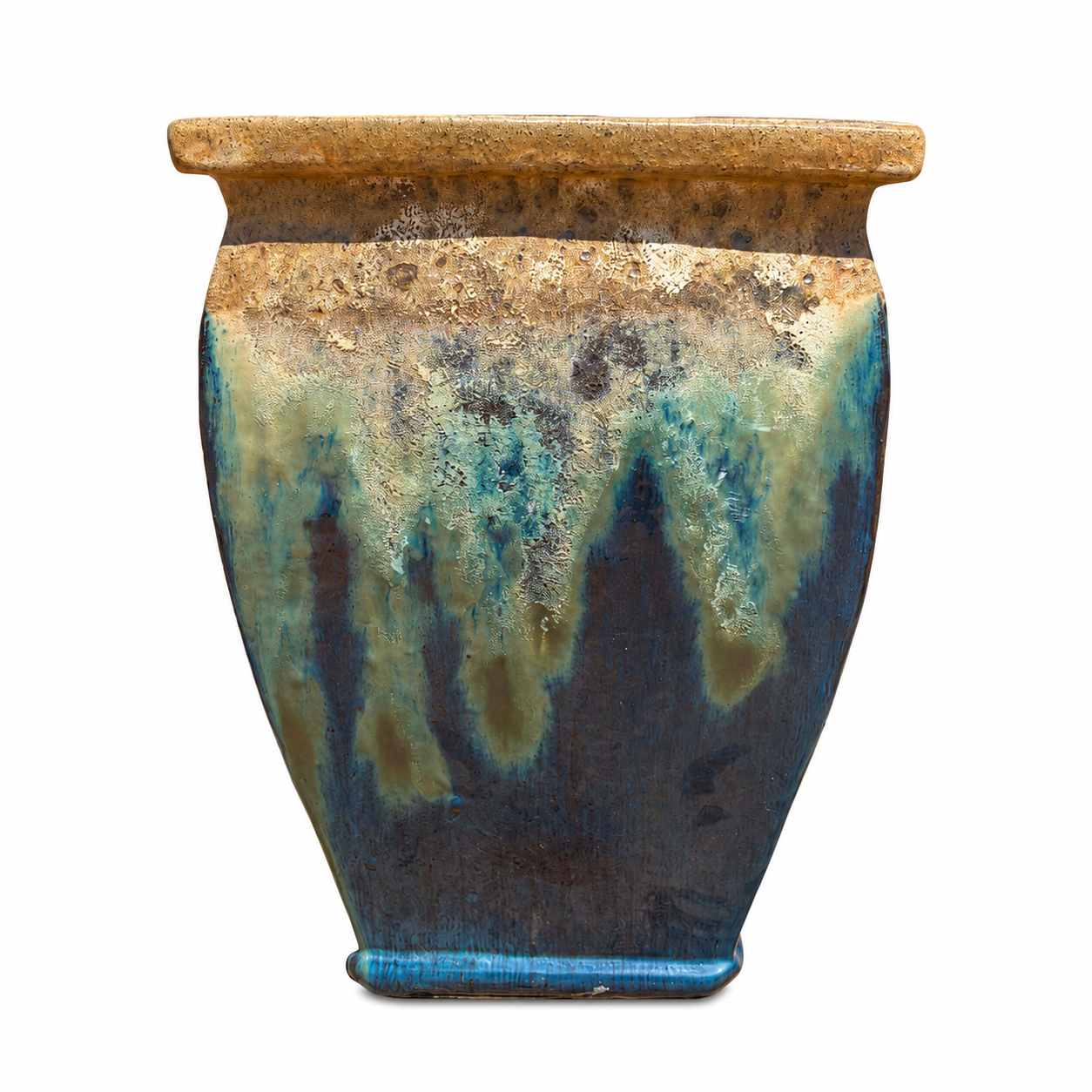 Front view of Square Wedge Angkor/Marble Green ceramic planter highlighting the tapered square shape and artisan-glazed finish