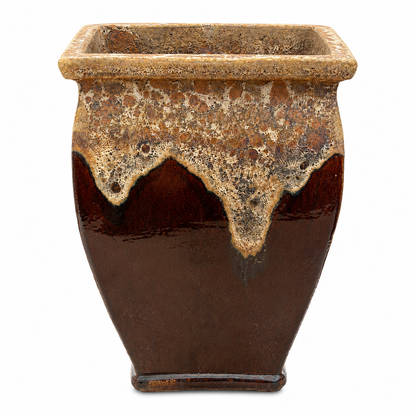 Square Wedge Angkor/Brown ceramic planter, slightly angled view featuring a tapered square profile and handcrafted glazed finish