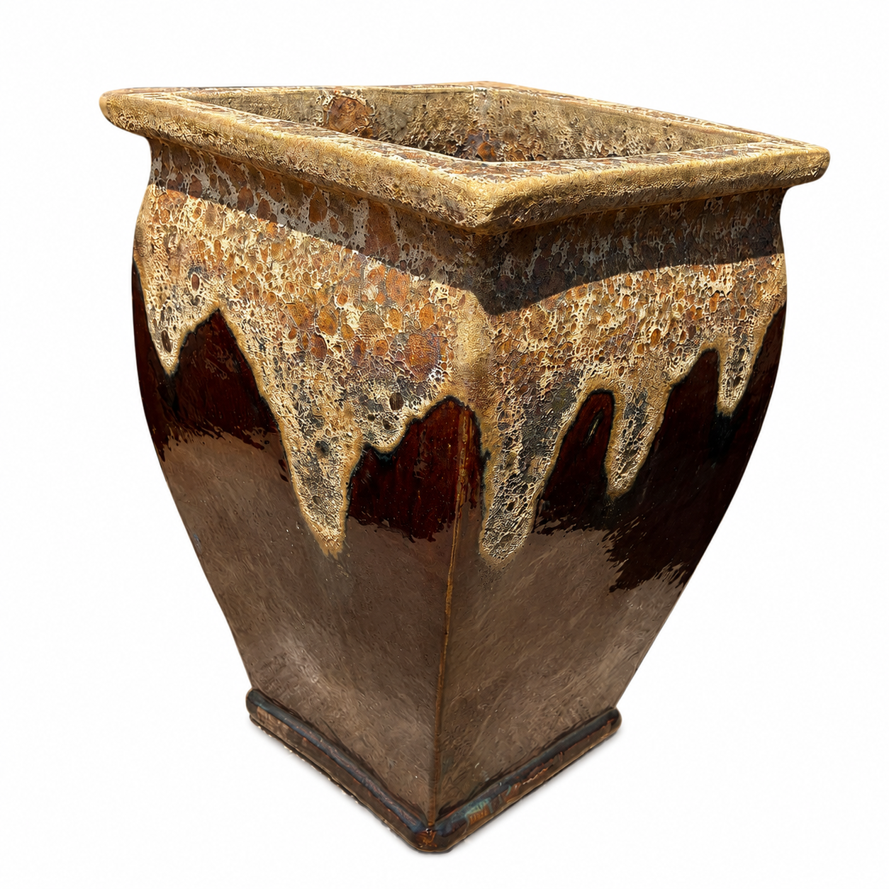 Front view of Square Wedge Angkor/Brown ceramic planter highlighting the tapered square shape and artisan-glazed finish